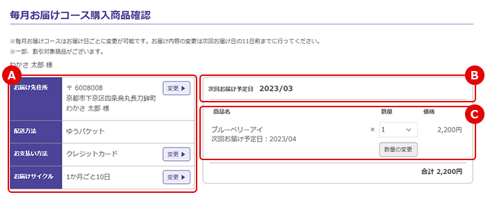 定期購入商品確認の表示画面