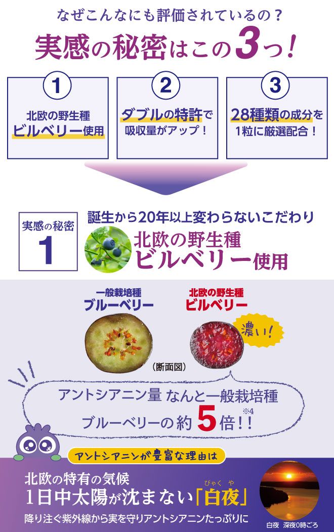 ブルーベリーアイが評価されている実感の秘密は3つ！実感の秘密1つ目は、誕生から20年以上変わらないこだわりである北欧産野生種ビルベリーを使用アントシアニン量は、一般栽培種ブルーベリーの約5倍。アントシアニンが豊富な理由は、北欧特有の気候である1日中太陽が沈まない「白夜（びゃくや）」によって降り注ぐ紫外線から実を守るためにアントシアニンを蓄えます。見る力。目のためのブルーベリーサプリ。