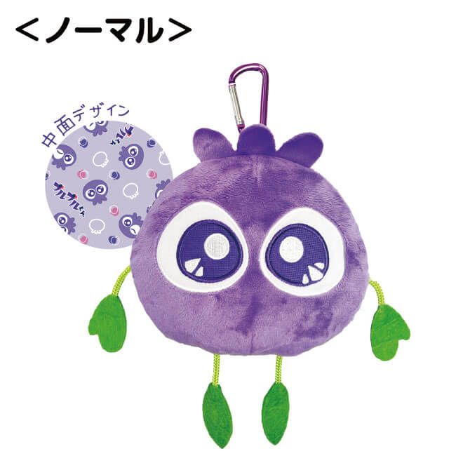 ノーマルタイプのブルブルくんぬいぐるみパスケース。中面は紫生地のブルブルくん柄