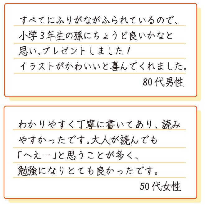 すべてふりがなが振られているので小学3年生の孫に良いかなとプレゼントしました！（80代男性）わかりやすく書いてあり読みやすかったです。大人でも読んでいて勉強になりました！（50代女性）