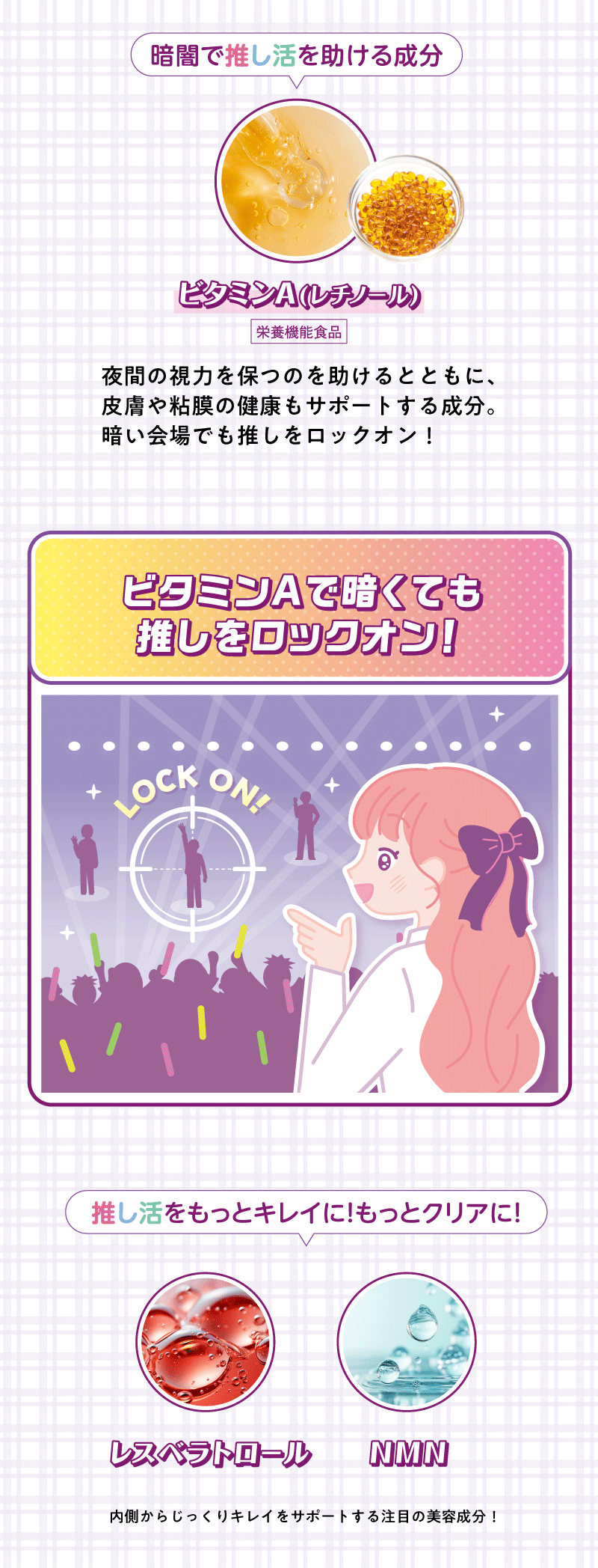 暗闇で推し活を助ける成分「ビタミンA(レチノール)配合！ビタミンAで暗くても推しをロックオン！」