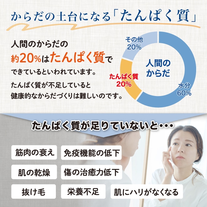 からだの土台となる「たんぱく質」。人間のからだの約20%はたんぱく質でできていると言われており、足りていないと筋肉の衰え、傷の治癒力低下、栄養不足などの原因にも...