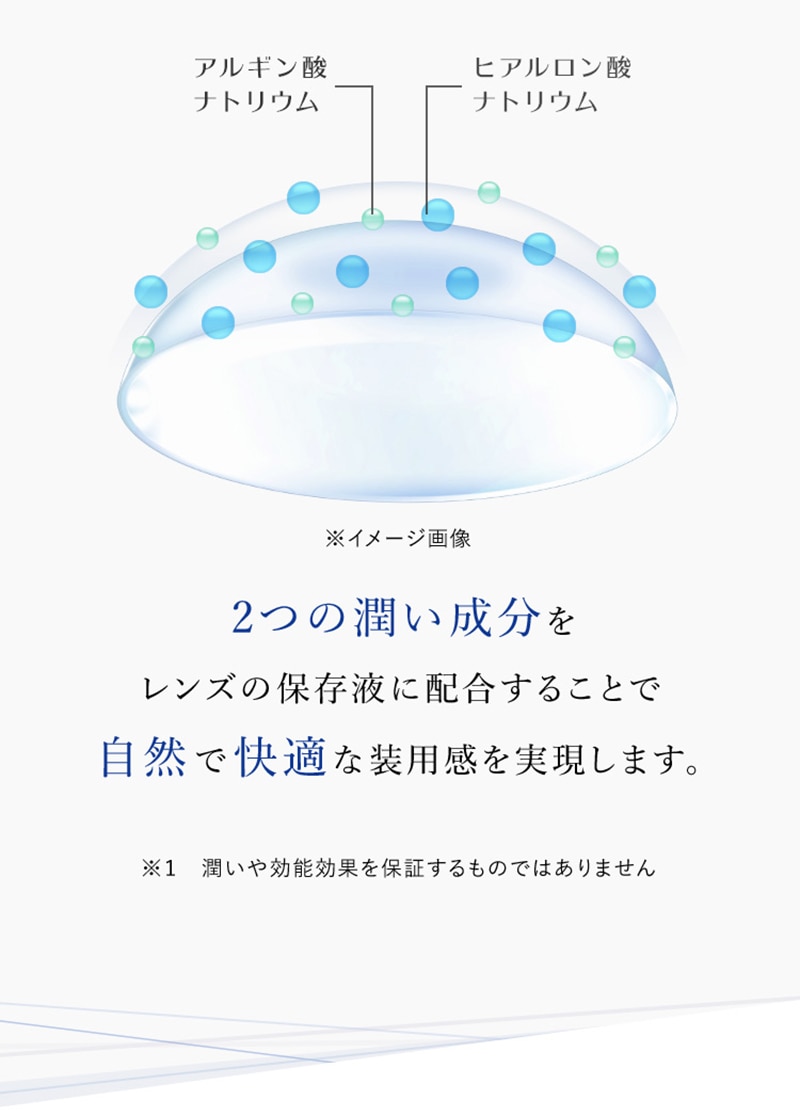 2つの潤い成分をレンズの保存液に配合することで自然で快適な装用感を実現します。