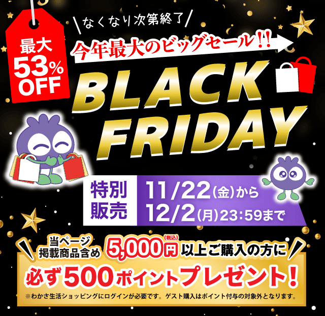 今年最大のビッグセール！ブラックフライデー。5000円以上ご購入の方に500円OFFクーポンプレゼント