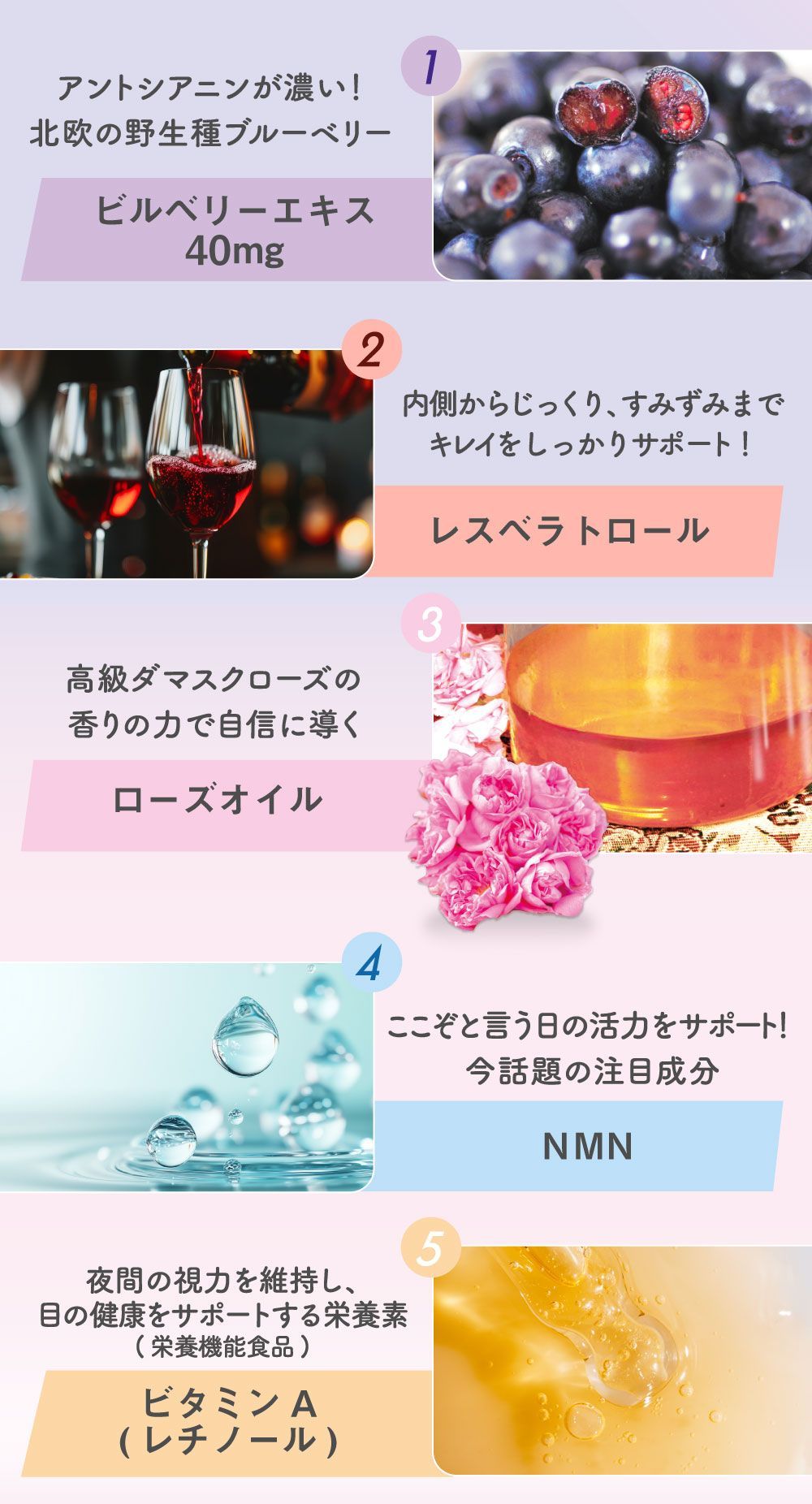 アントシアニンが濃い北欧の野生種ビルベリーのエキス40mg。内側からじっくりすみずみまでキレイをサポートするレスベラトロールに、高級ダマスクローズの香りのローズオイルを配合