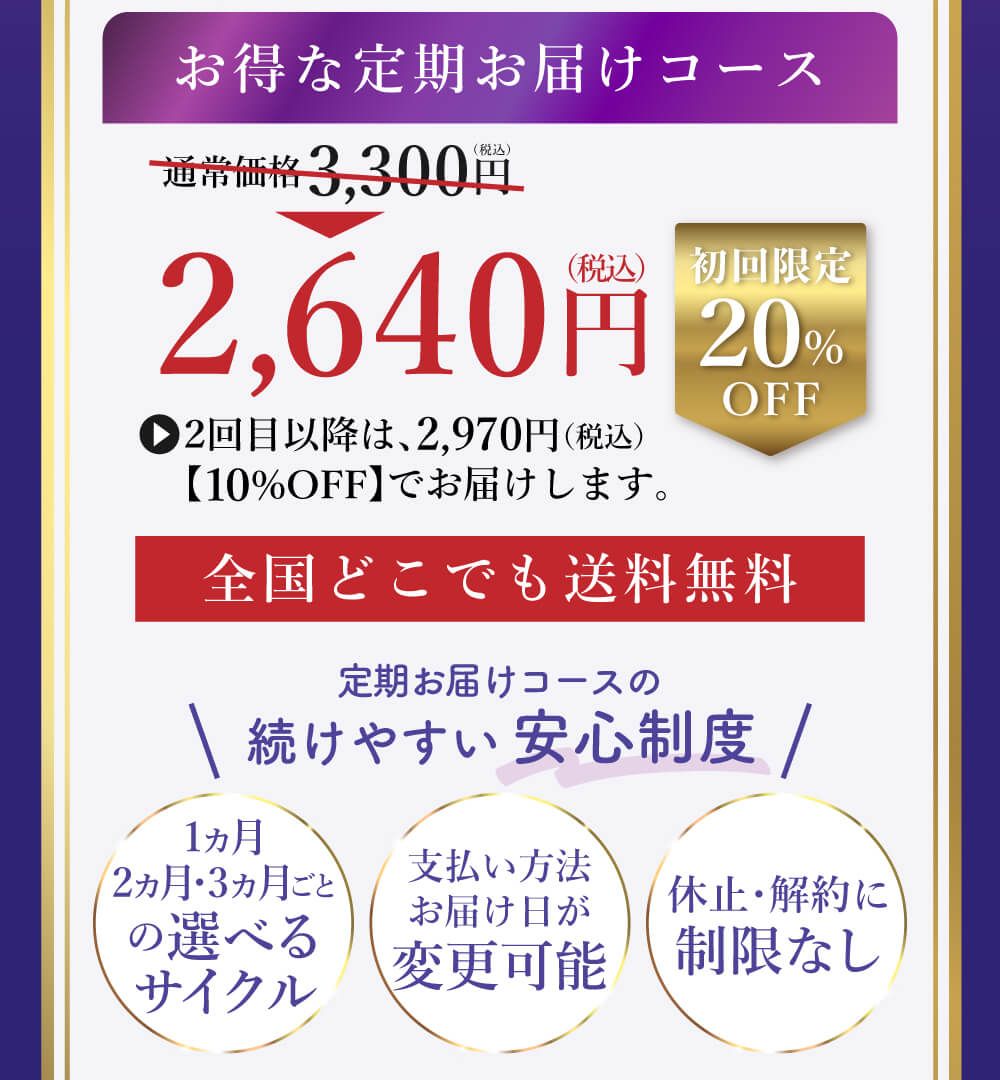 お得な定期お届けコース。２,６４０円（税込み・送料無料）