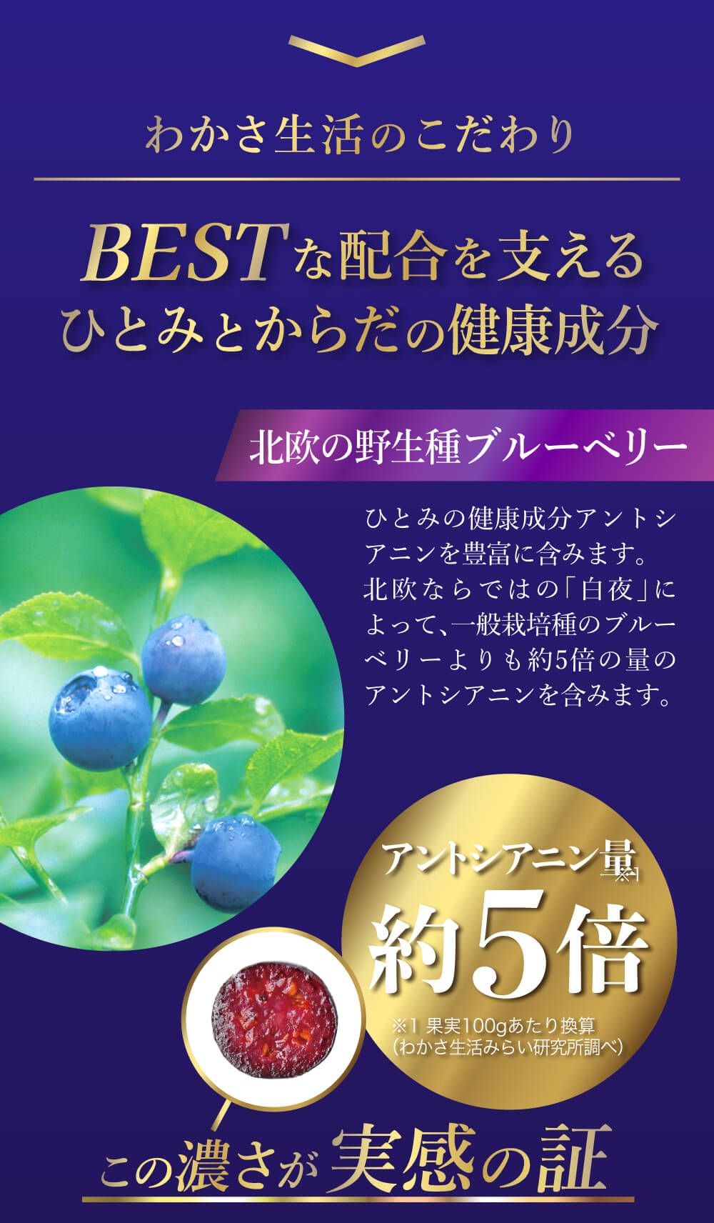 わかさ生活のこだわり。ＢＥＳＴな配合を支えるひとみとからだの健康成分。北欧の野生種ブルーベリー『ビルベリー』は、アントシアニン量が通常のブルーベリーと比較して約５倍。この濃さが実感の証