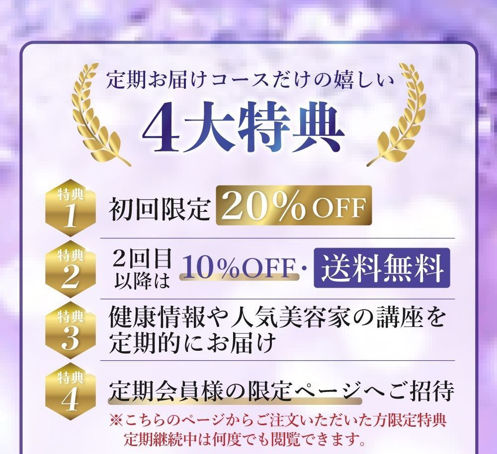 定期お届けコースだけの嬉しい４大特典。特典１：初回限定２０％オフ。特典２：２回目以降も１０％オフで送料無料。特典３：健康情報や人気美容家の講座を定期的にお届け。特典４：定期会員様の限定ページへご招待