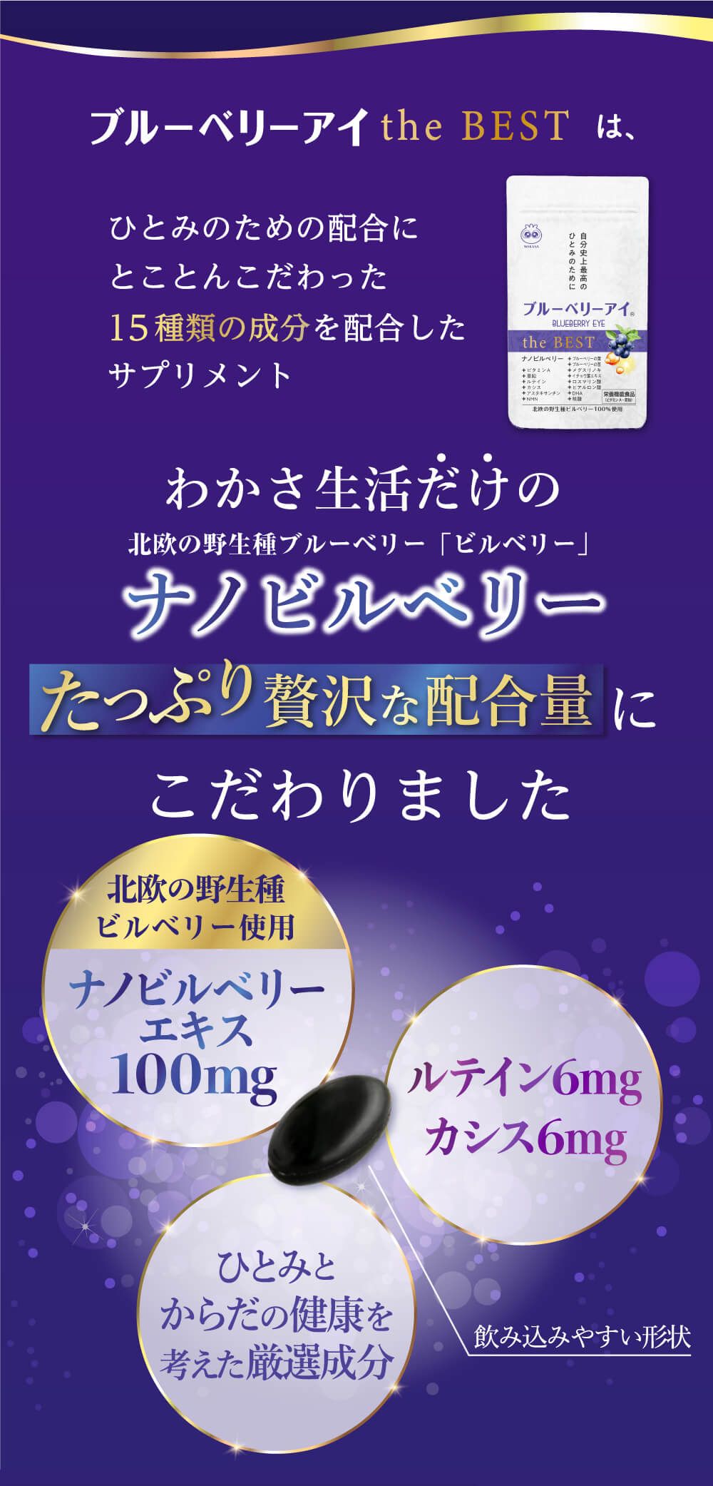 ブルーベリーアイtheBESTは、ひとみのための配合にとことんこだわった１５種類の成分を配合したサプリメント。わかさ生活だけのナノビルベリー。たっぷり贅沢な配合量にこだわりました。
