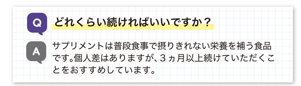 どれぐらい続ければいいですか？個人差はありますが、３ヵ月を目安に続けていただくことをおすすめしています。