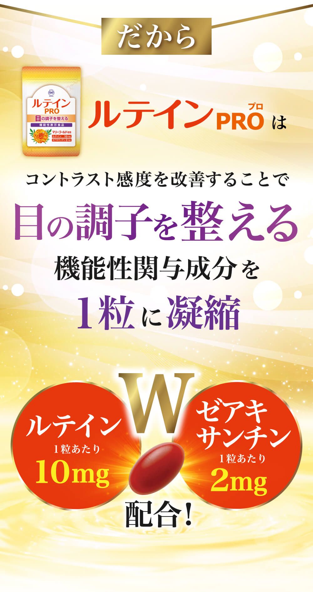 だから、ルテインＰＲＯはコントラスト感度を改善することで目の調子を整える機能性関与成分を１粒に凝縮