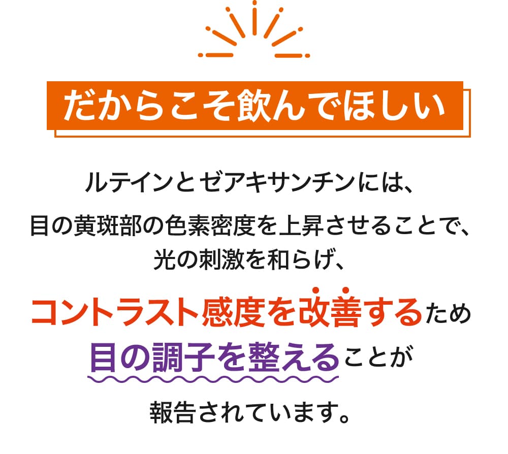 だからこそ飲んでほしい。ルテインとゼアキサンチンには目の黄斑部の色素密度を上昇させることで光の刺激を和らげコントラスト感度を改善するため目の調子を整えることが報告されています