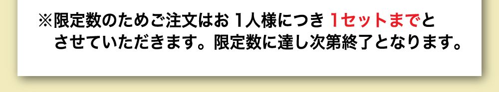 限定数のためご注文はお１人様につき１セットまでとさせていただきます。限定数に達し次第終了となります。