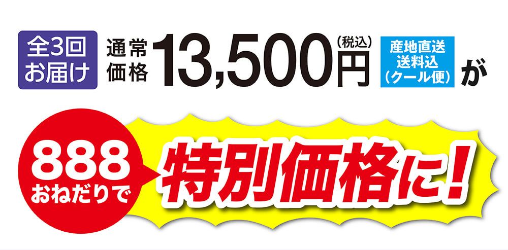 全３回お届け 通常価格１３,５００円（税込み・送料込み）が８８８おねだりで特別価格に！
