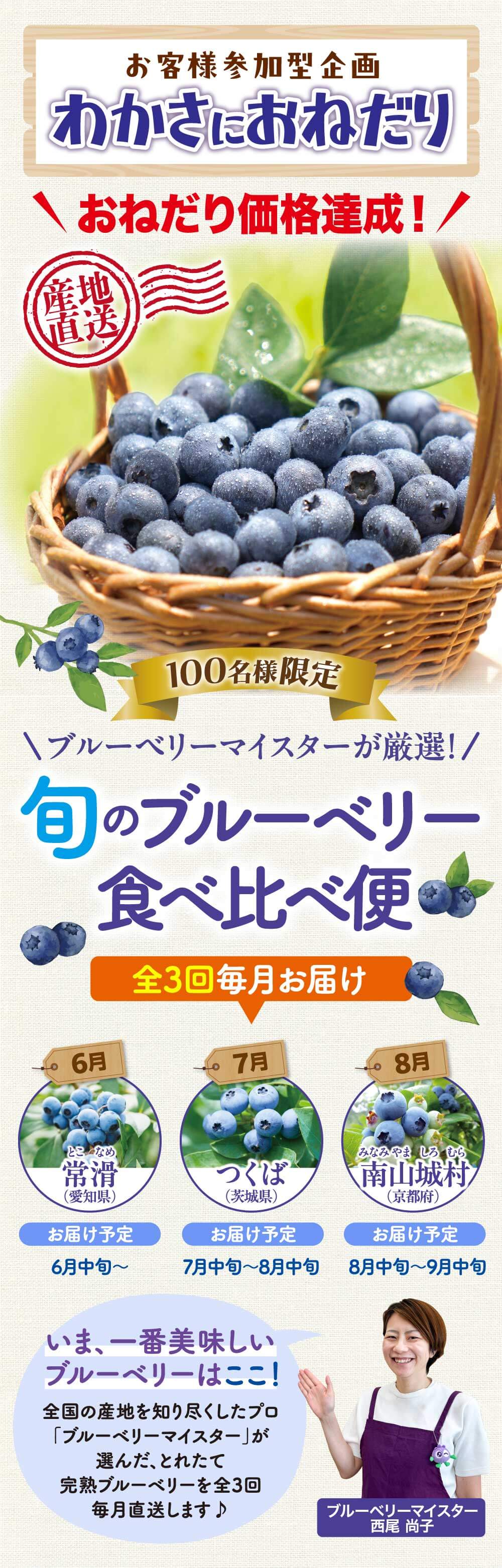 お客様参加型企画『わかさにおねだり』。旬のブルーベリー食べ比べ便！６～８月まで全３回毎月お届け