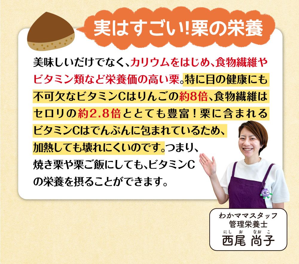 実はすごい！栗の栄養。美味しいだけでなく、カリウムをはじめ食物繊維やビタミン類など栄養価の高い栗。特にビタミンＣはりんごの約８倍。食物繊維はセロリの約２．８倍ととても豊富です。