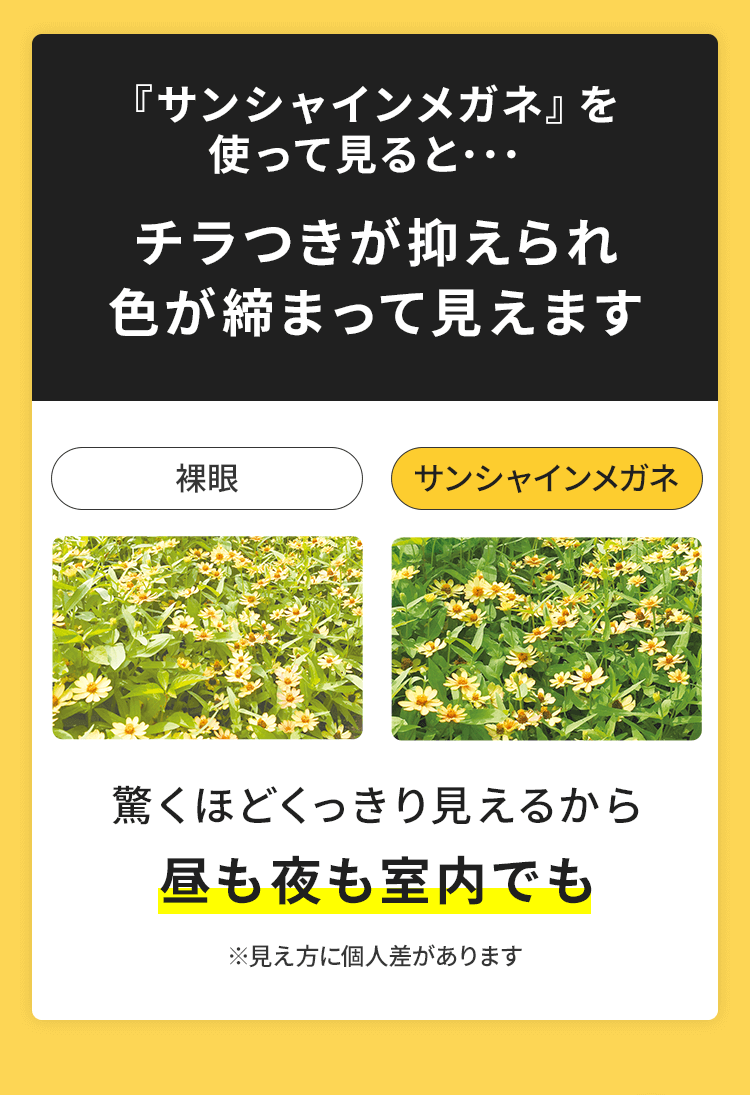 『サンシャインメガネ』を使って見ると･･･チラつきが抑えられ色が締まって見えます