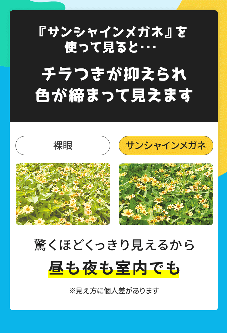 『サンシャインメガネ』を使って見ると･･･チラつきが抑えられ色が締まって見えます