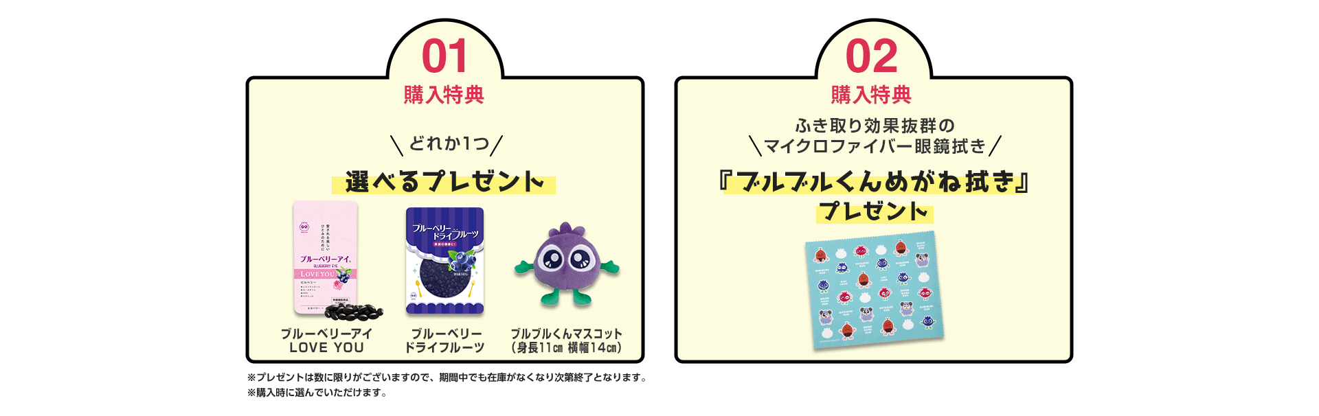 特典１つ目は、ブルーベリーアイの７粒プレゼント。２つ目はブルブルくんメガネ拭きをプレゼント