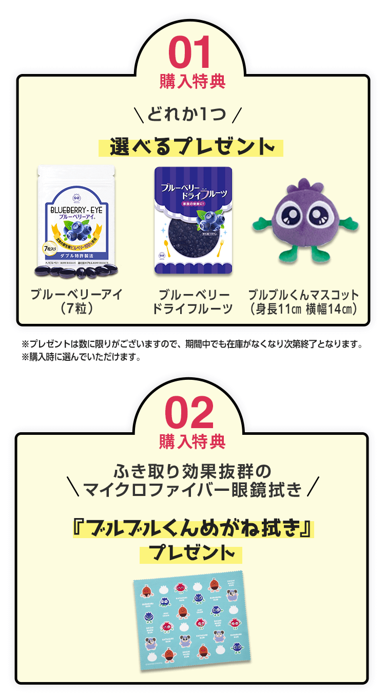 特典１つ目は、ブルーベリーアイの７粒プレゼント。２つ目はブルブルくんメガネ拭きをプレゼント