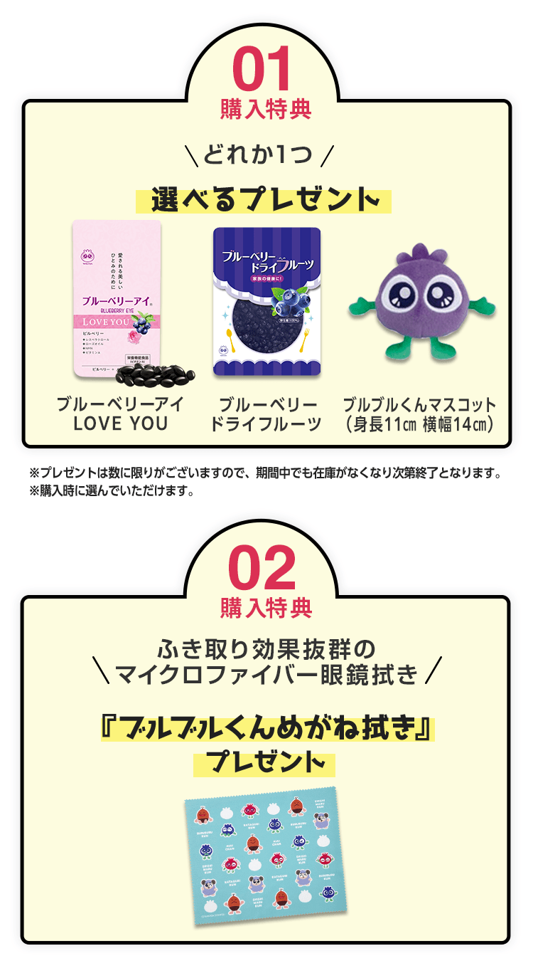 特典１つ目は、ブルーベリーアイの７粒プレゼント。２つ目はブルブルくんメガネ拭きをプレゼント