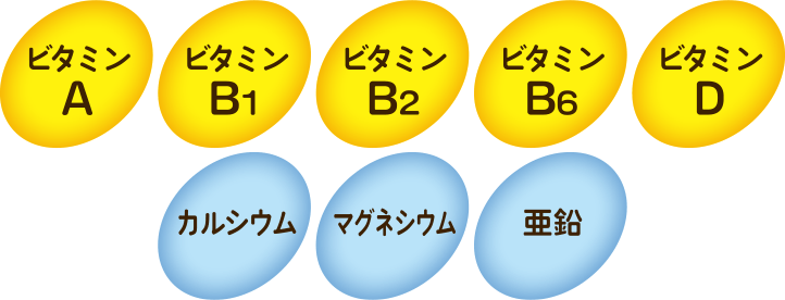 ビタミンA、ビタミンB1、ビタミンB2、ビタミンB6、ビタミンD、カルシウム、マグネシウム、亜鉛