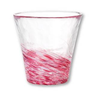 いくつもの色の線を流れるように重ねた色合いのグラス、桜色