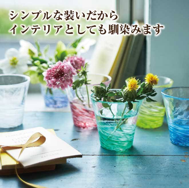シンプルな装いだからインテリアとしても馴染みますと書いておりグラスに花が飾られている画像。