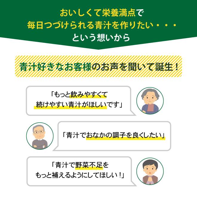 おいしくて栄養満点で毎日つづけられる青汁を作りたい・・・。という想いから。青汁好きなお客様のお声を聞いて誕生しました!