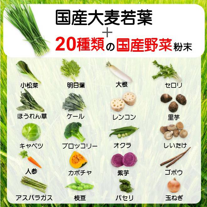 国産大麦若葉使用。20種類の国産野菜。