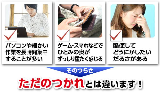 パソコンや細かい作業を長時間することが多い方、ゲーム・スマホなどで目の奥が重たく感じる方、目を酷使して疲れがある方。それはただの疲れとは違います。