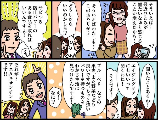 マンガ第2部始め:母も娘も目の疲れや肩の疲れを感じている。予防、対策のためにアスタキサンチンをかくたに社長が二人に紹介する。マンガ第2部終わり