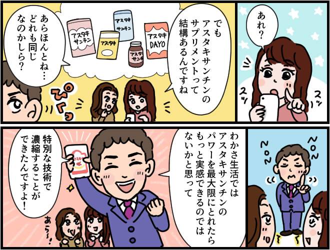 マンガ第4部始め:アスタキサンチンのサプリがたくさんあるが、わかさのアスタキサンチンは最大限に成分を摂取できるように特別な技術で濃縮していると説明。マンガ第4部終わり