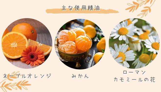 バスオイルの主な使用精油であるネーブルオレンジとみかんとローマンカモミールの花の画像