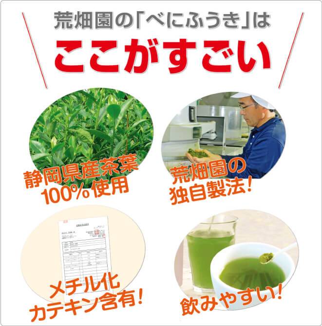 荒畑園の「べにふうき」は静岡茶100%使用で独自製法、メチル化カテキンを含有で飲みやすい