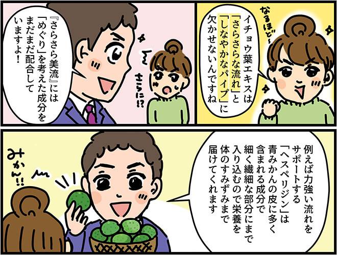 イチョウ葉に加え、血液を力強い流れにするために青みかんの皮に多く含まれる成分ヘスペリジンも配合。栄養を体の隅々まで届け、さらに体のめぐりをよくする。