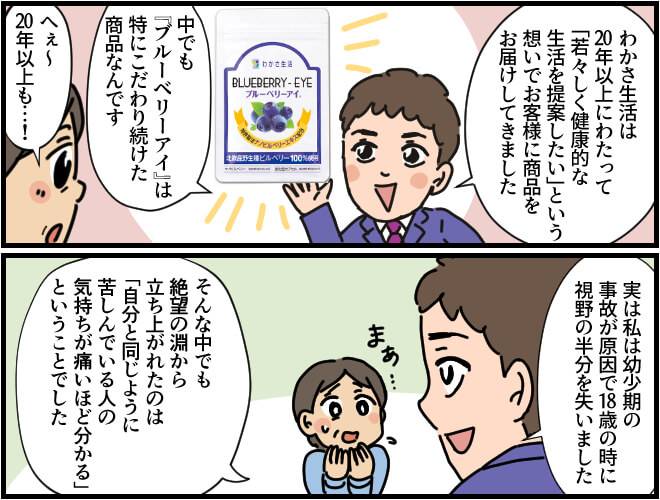 健康を届けたいという強い気持ちで20年以上商品を提供してきたことを説明し、特にこだわりのあるブルーベリーアイのパッケージを見せる