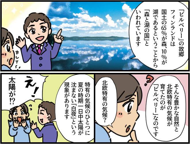 フィンランドは森と湖の国とも言われている自然豊かな土地であると共に、夏の時期一日中太陽が沈まない白夜と言う独特な気候があるので栄養豊富なビルベリーが育つ