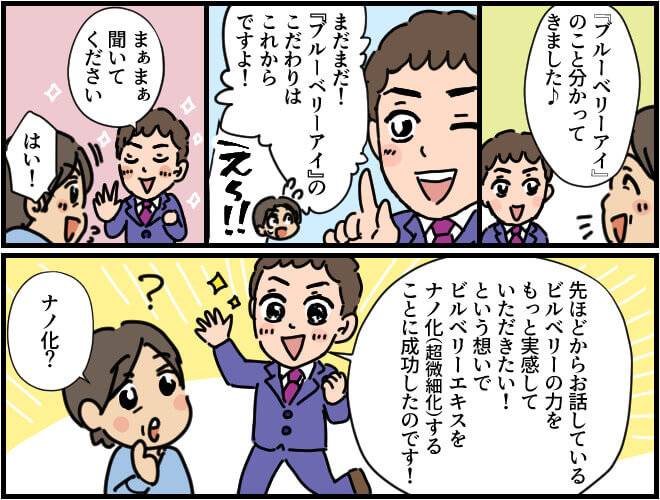 マンガ第3部始め:ブルーベリーアイのもう一つのこだわりはビルベリーエキスをちょう微細化と言われるナノ化することで効果をさらに実感できるように工夫してる