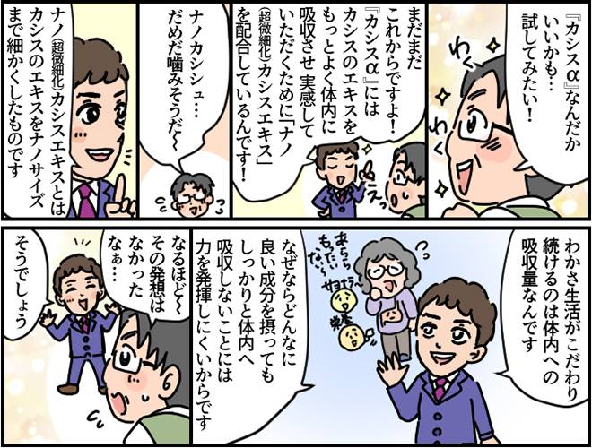 マンガ第4部始め:からだにしっかりと吸収され効果実感を得られるため、超微細化されたナノカシスエキスを使用している