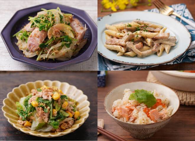 だし香るごまあえの素を使用して作られた4つの料理
