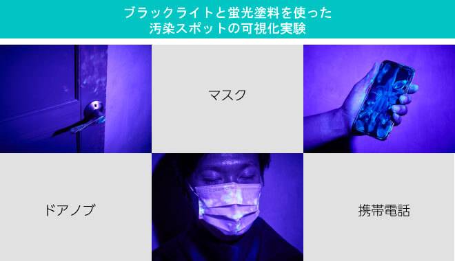 ブラックライトと蛍光塗料を使った汚染スポットの可視化実験の画像。ドアノブやマスク携帯電話には無数の細菌やウイルスが潜んでいることが分かる。