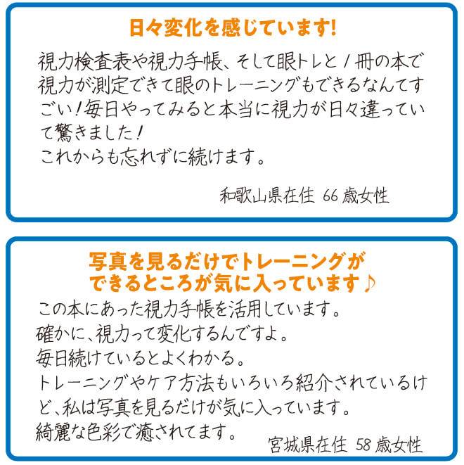 お客様のお声。読者の声。
毎日やってみると本当に視力が日々違っていて驚きました。視力手帳を活用しています。続けているとわかります。写真を見るだけが気に入っています。綺麗な色彩で癒されています。