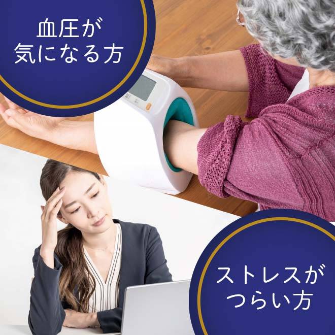 血圧が高く悩んでいる中高年と、仕事のストレスを抱えている女性