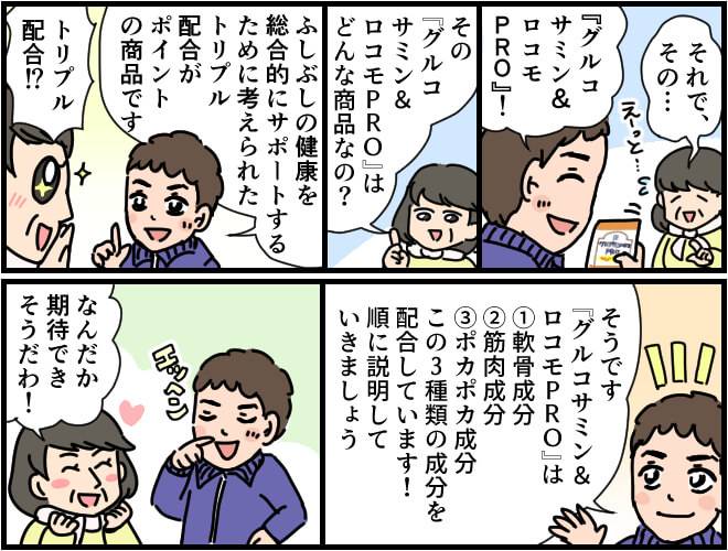 マンガ第2部始め:グルコサミン&ロコモPROには軟骨成分 筋肉成分 ポカポカ成分の3種類が配合されているので関節の痛みに悩んでいる人をトータルサポートできる。