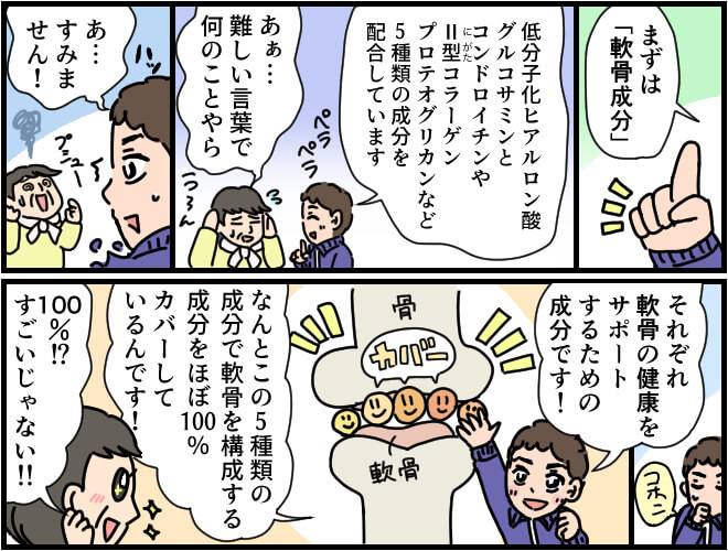 配合されている5種類の成分が、軟骨を構成する成分をほぼ100%カバーしているので、軟骨の形成を促し、関節のスムーズな動きをサポートする。マンガ第2部終わり