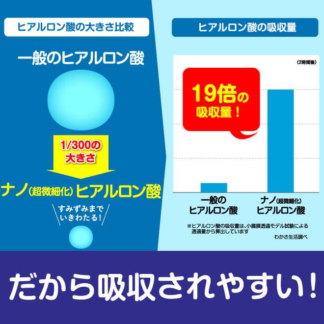 一般のヒアルロン酸の300分の1の大きさにナノ化(超微細化)することで体内への吸収量が19倍のナノヒアルロン酸
