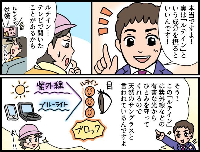 ルテインは紫外線やブルーライトなどの有害な光から目を守る天然のサングラスとも言われる目の健康成分である。マンガ第1部終わり