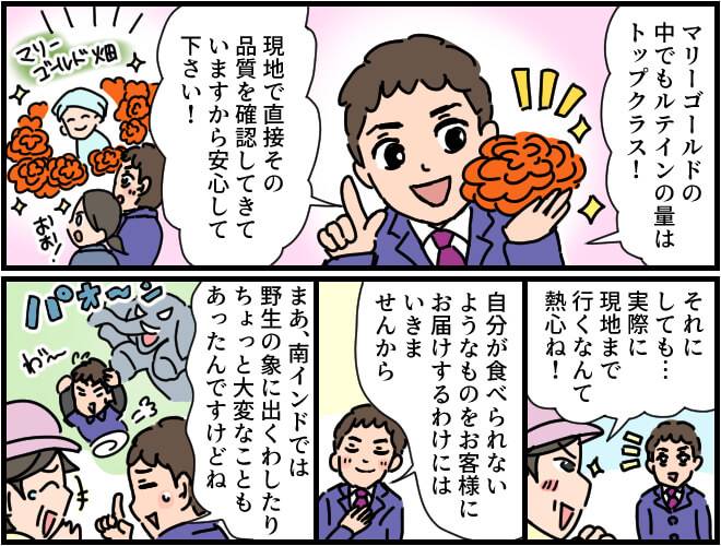 ルテインの量がトップクラスの種類のマリーゴールドの品質や安全性を確かめるため、南アフリカに直接確認に行っている。マンガ第3部終わり