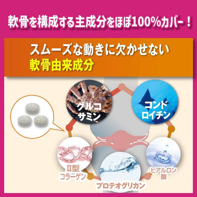 軟骨を構成する主成分をほぼ100%カバースムーズな動きに欠かせない軟骨由来成分。
